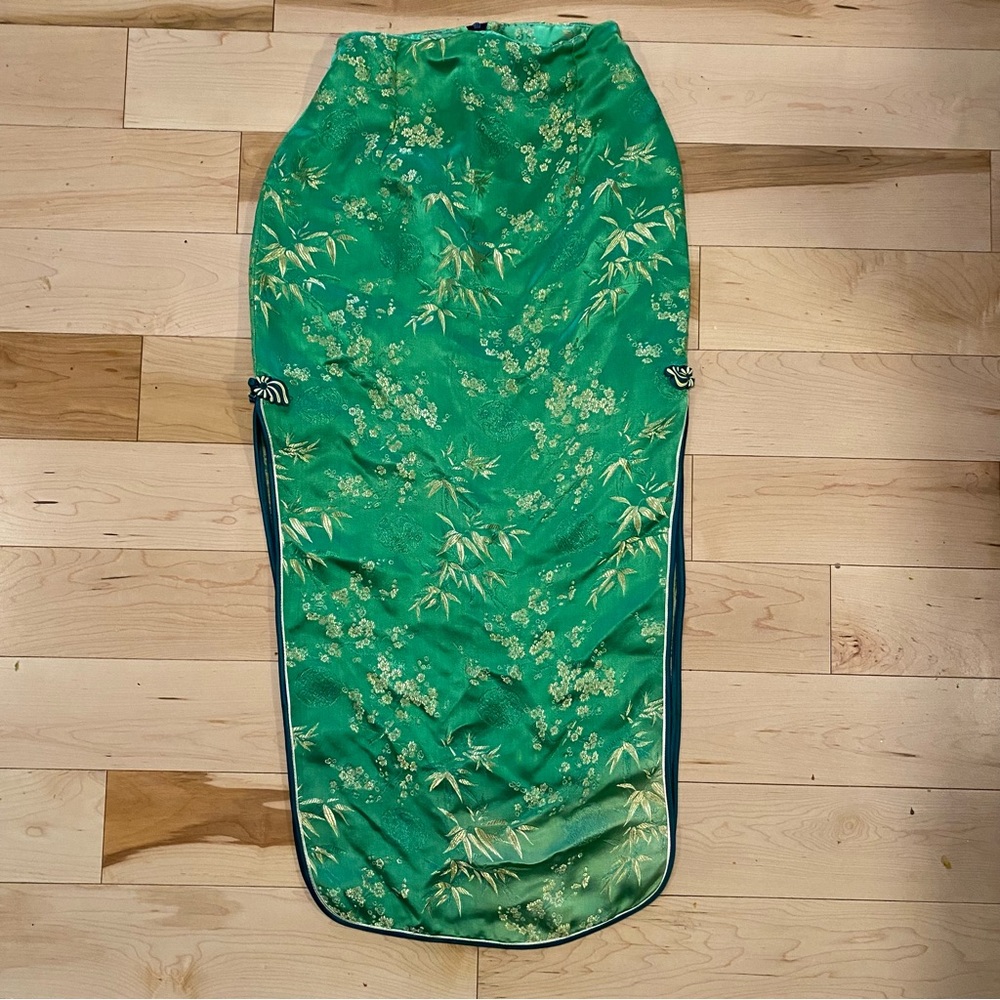 Green Midi Skirt Gold Floral Bamboo Qipao Inspired